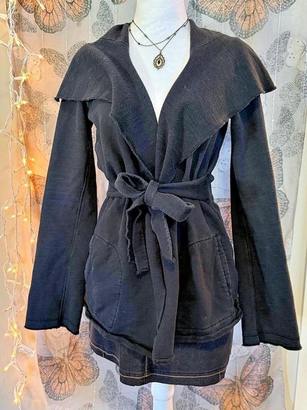 Vintage Lucky Brand Black Wrap Tie Sweater W/ Bell Sleeves SMALL